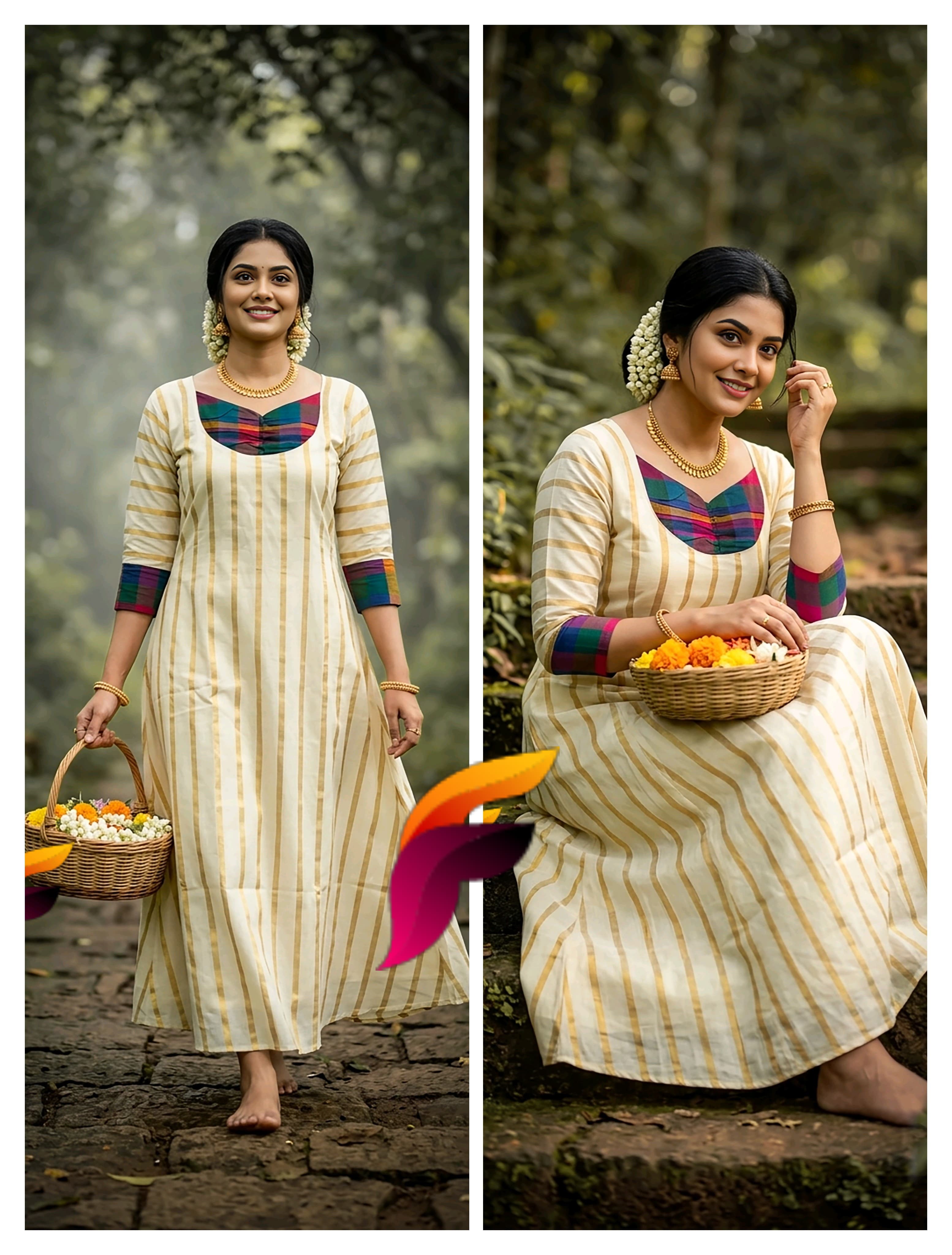 Women's Tissue Fabric A-Line Kurti with Lining | Onam Collection