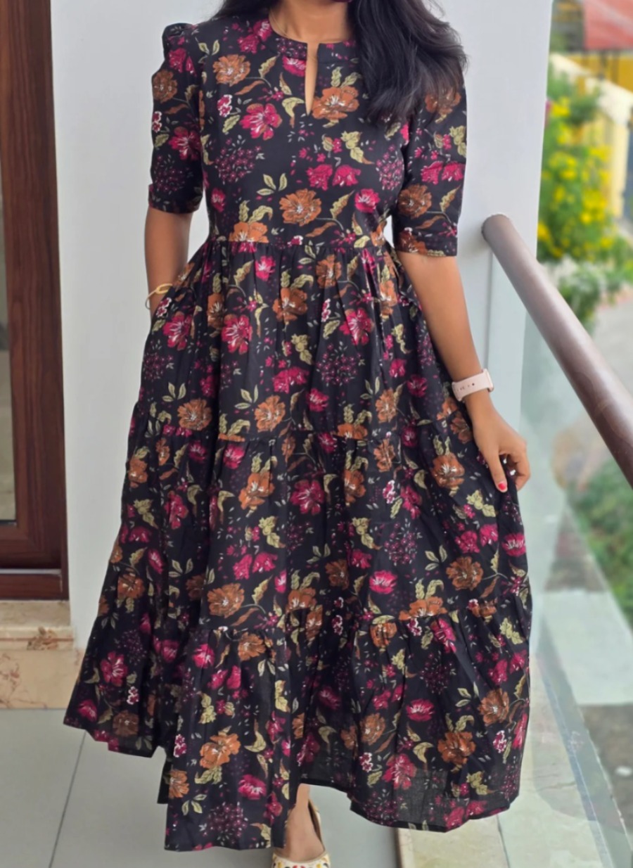 Anbarasi: Jaipur Cotton Western Maxi Dress with Puff Sleeves - Back Rope, Half Lining, Pocket Design, 46 Inch Length (S to XXL)