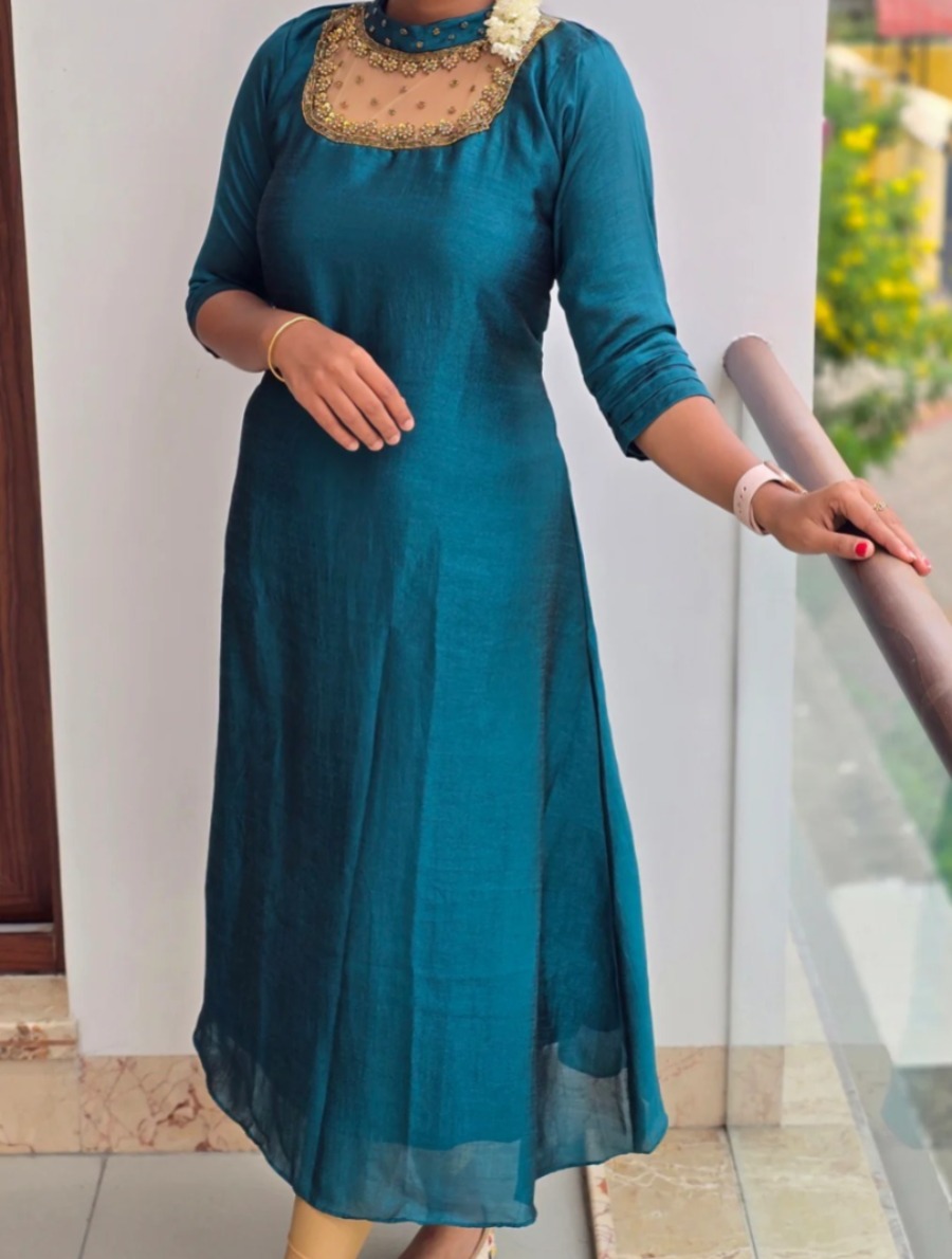 Anbarasi: Vichitra Silk Straight Cut Kurti with Heavy Handwork and Full Lining - 46 Inch Height, S to XXL