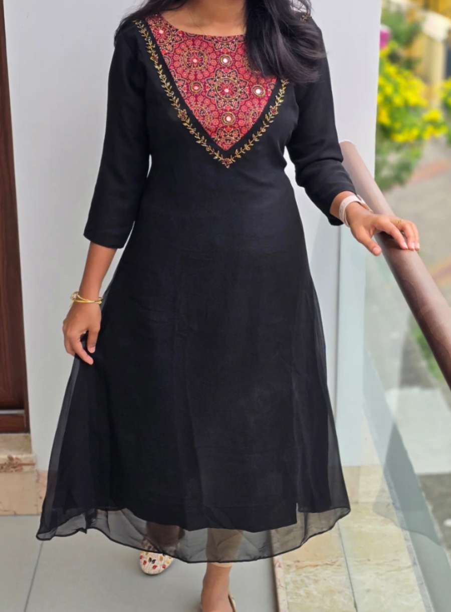 Anbarasi: Lyfix A-Line Georgette Kurti with Ajrakh Patch Work - 45 inch Height | Sizes S-XXL