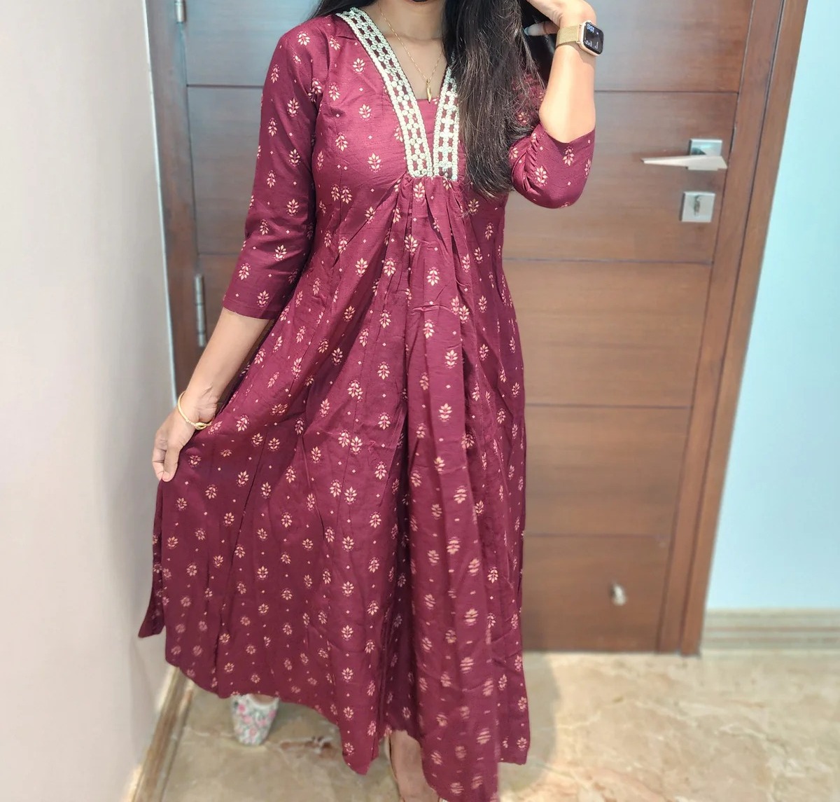 Anbarasi: Rayon A-Line Kurtis with Pocket | V-Neck 3/4 Sleeve Ethnic Wear by Aarral
