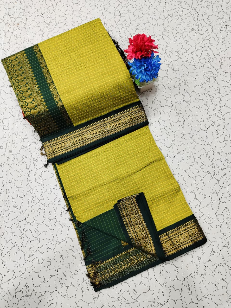 Premium Kalyani Cotton Checked Saree with Grand Jari Pallu