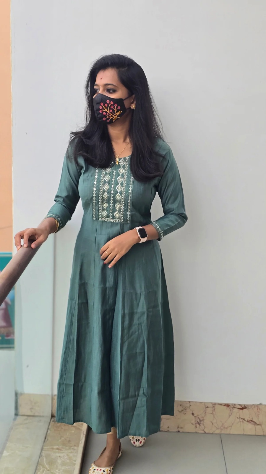 Anbarasi:  Anarkali Cotton Kurti with 3/4 Sleeves - 45 Inch Height, Sizes S to XXL