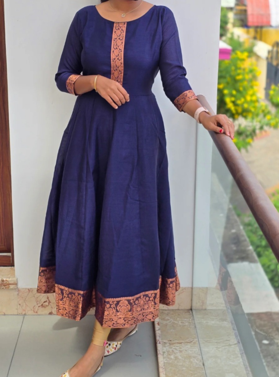 Anbarasi: Banarasi Silk Border Anarkali with Back Rope and 3/4 Sleeves - Full Lining, 46 Inch Height, Sizes S to XXL