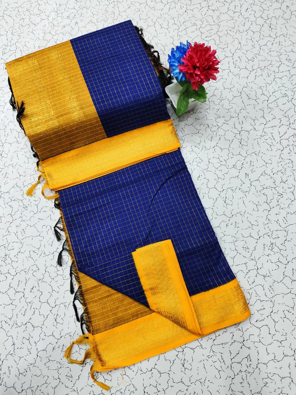 Premium Kalyani Cotton Checked Saree with Grand Jari Pallu