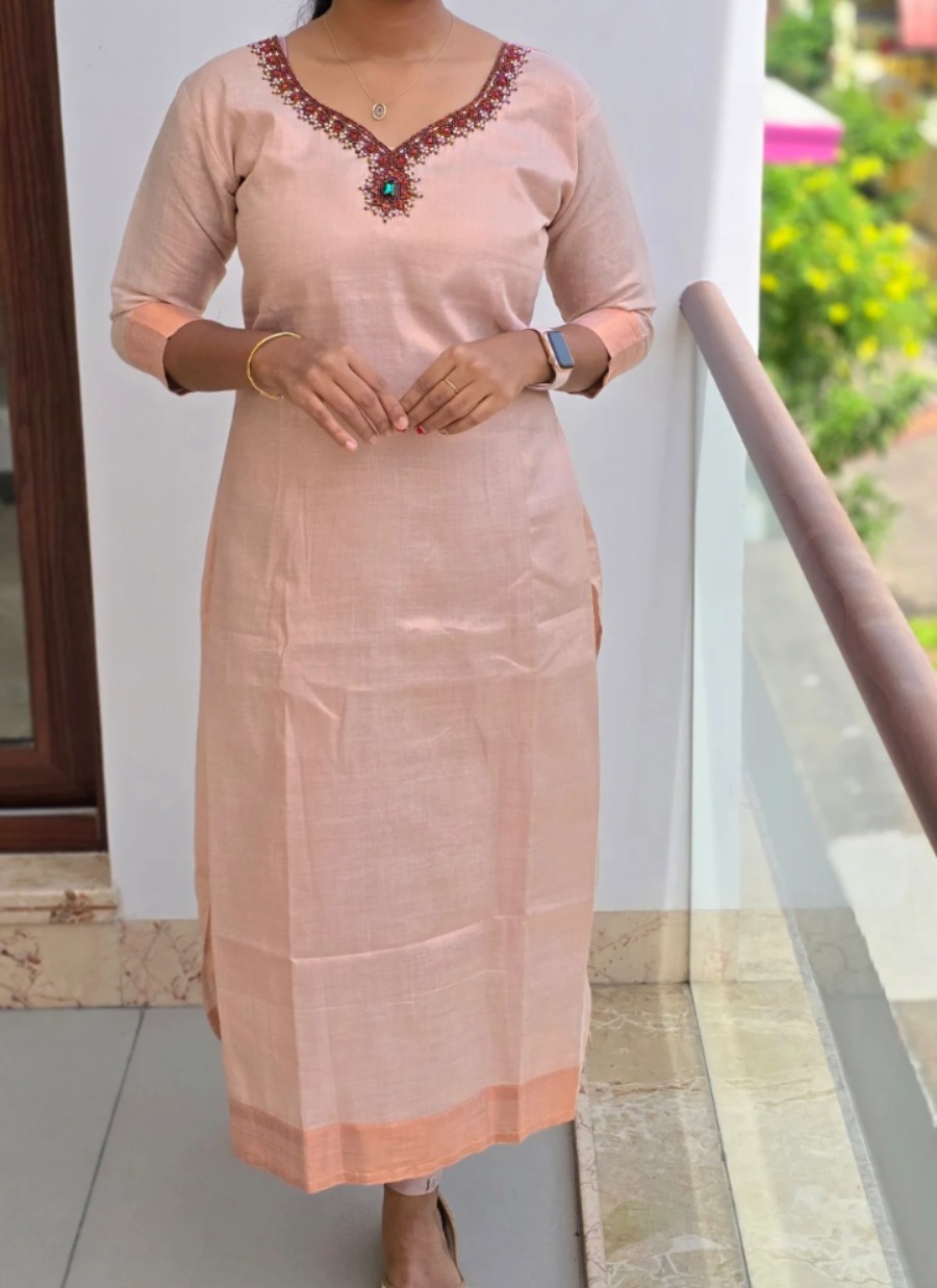 Anbarasi: Straight Cut Kurti with Heavy Hand Work in Tissue Silk - 3/4 Sleeve, Full Lining,Available in S to XXL