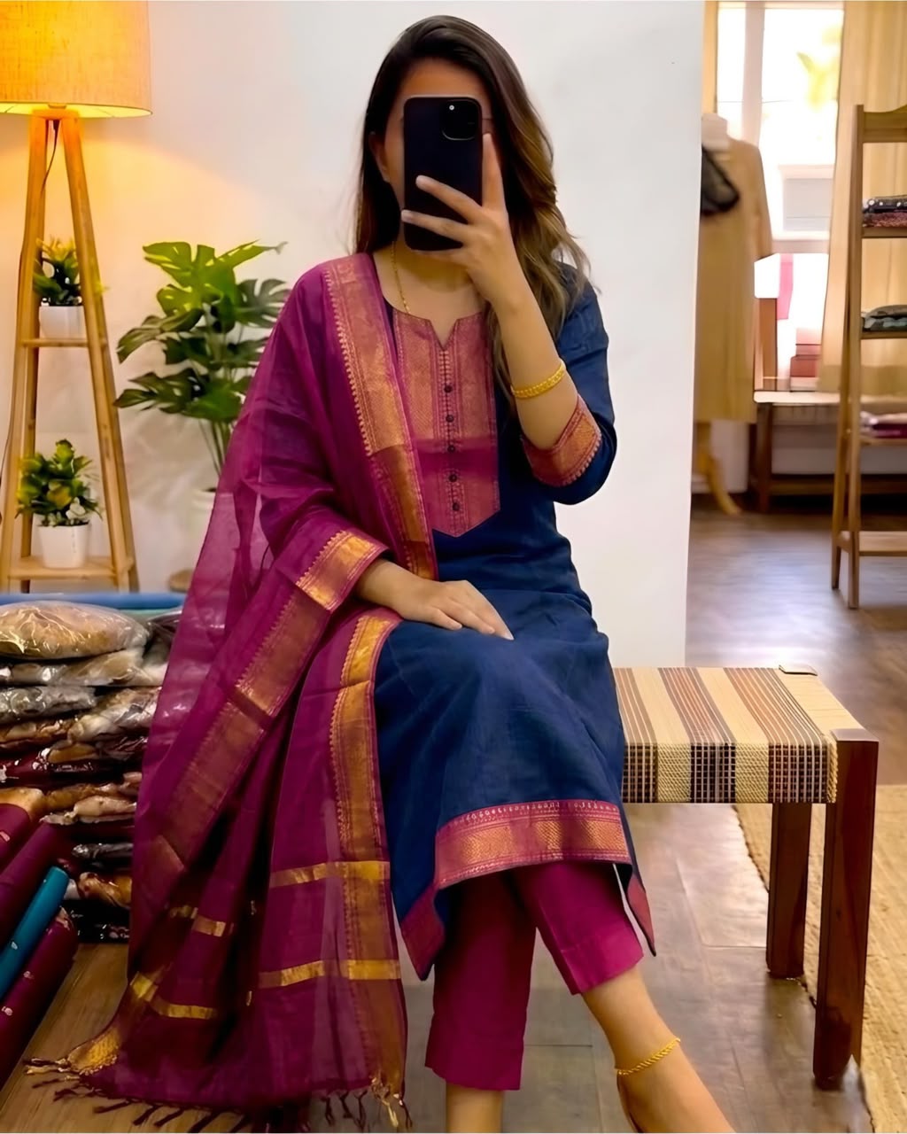 Kanchi cotton with zari work 3pcs set