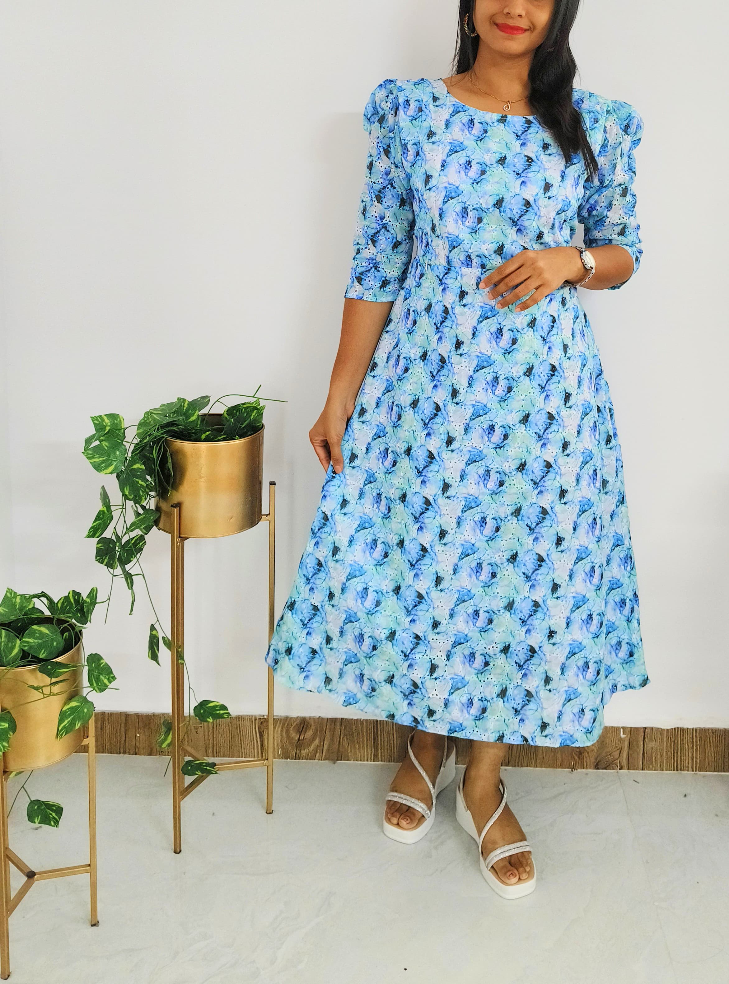 Anbarasi: Feeding-Friendly Cotton Hakoba Dress with Invisible Side Zips – 3/4 Puff Sleeves, Back Tie, Overlock Finish, Cotton Lining, Sizes S to XL