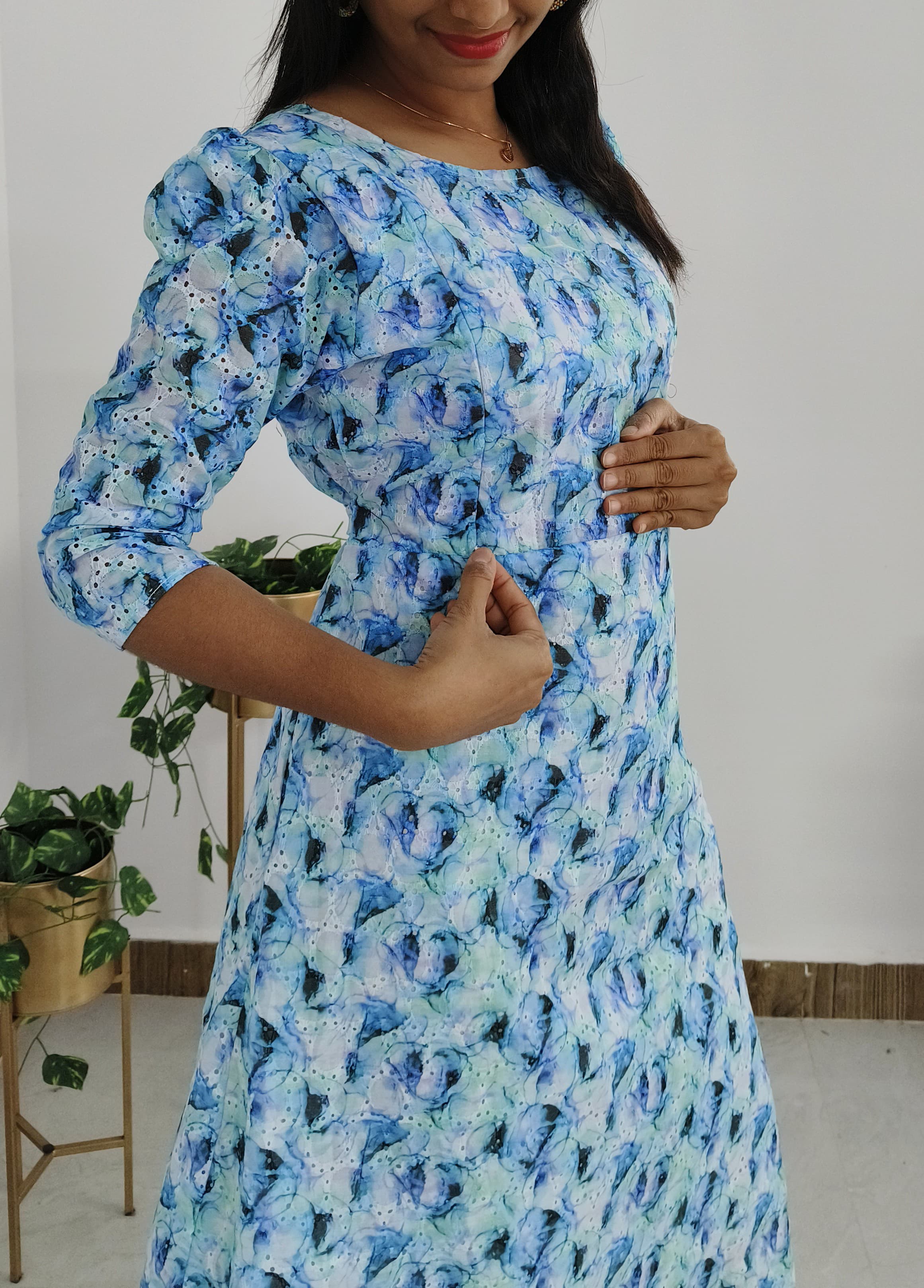 Anbarasi: Feeding-Friendly Cotton Hakoba Dress with Invisible Side Zips – 3/4 Puff Sleeves, Back Tie, Overlock Finish, Cotton Lining, Sizes S to XL