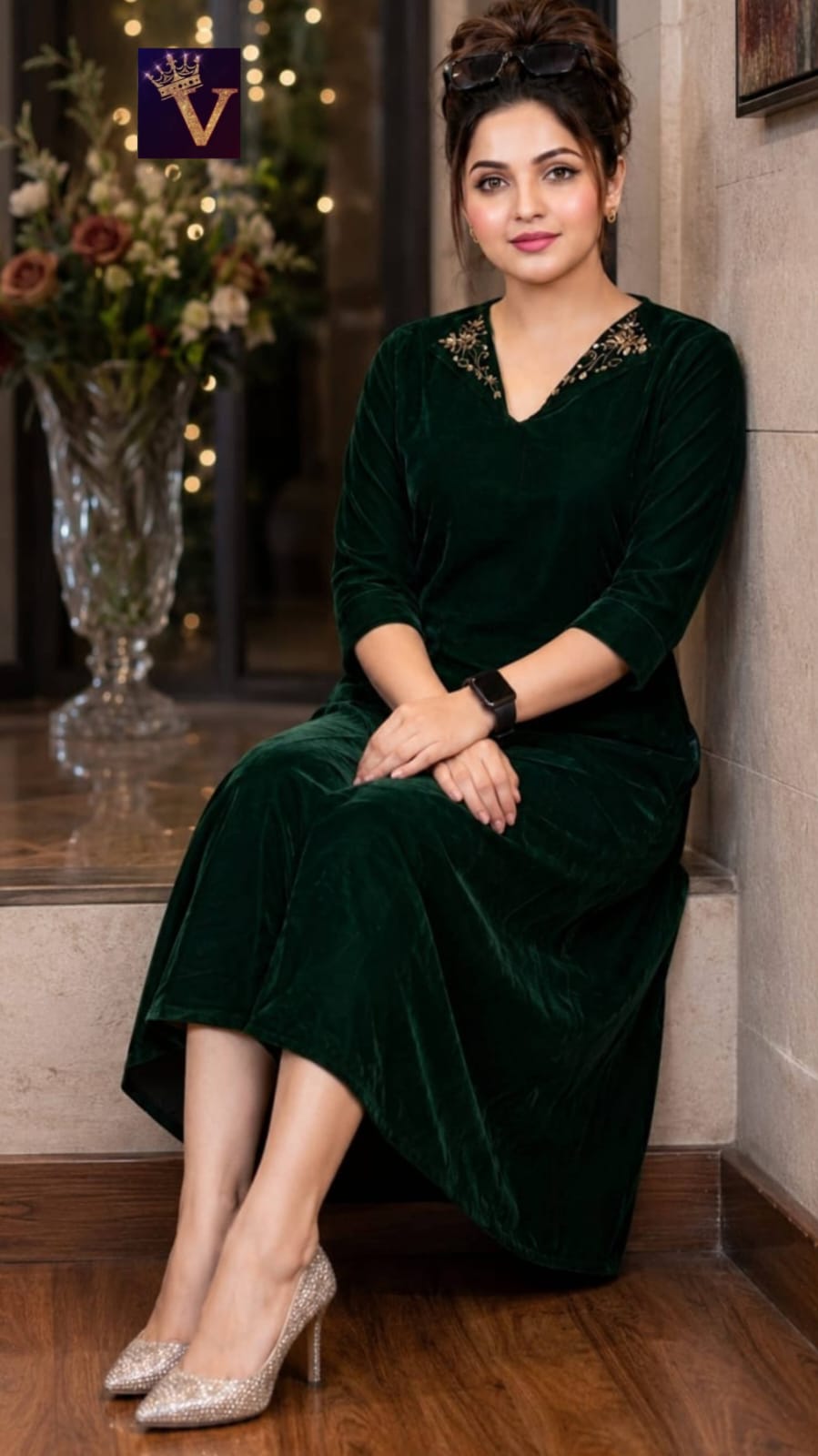 Anbarasi: Premium velvet A line kurti with handwork