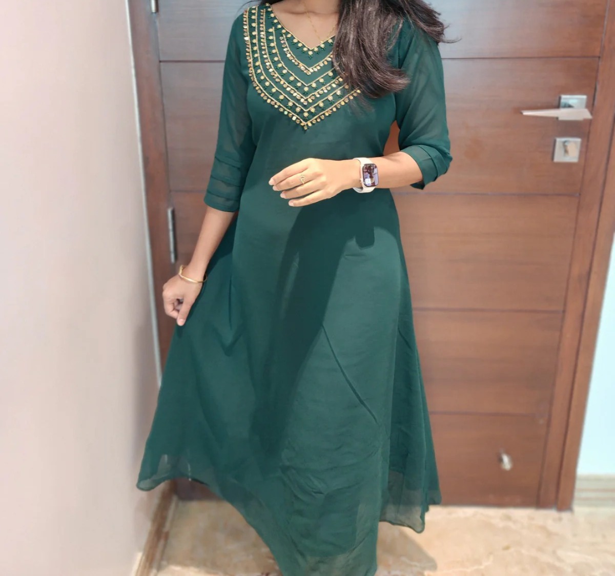 Georgette A line with heavy neck work with crepe lining